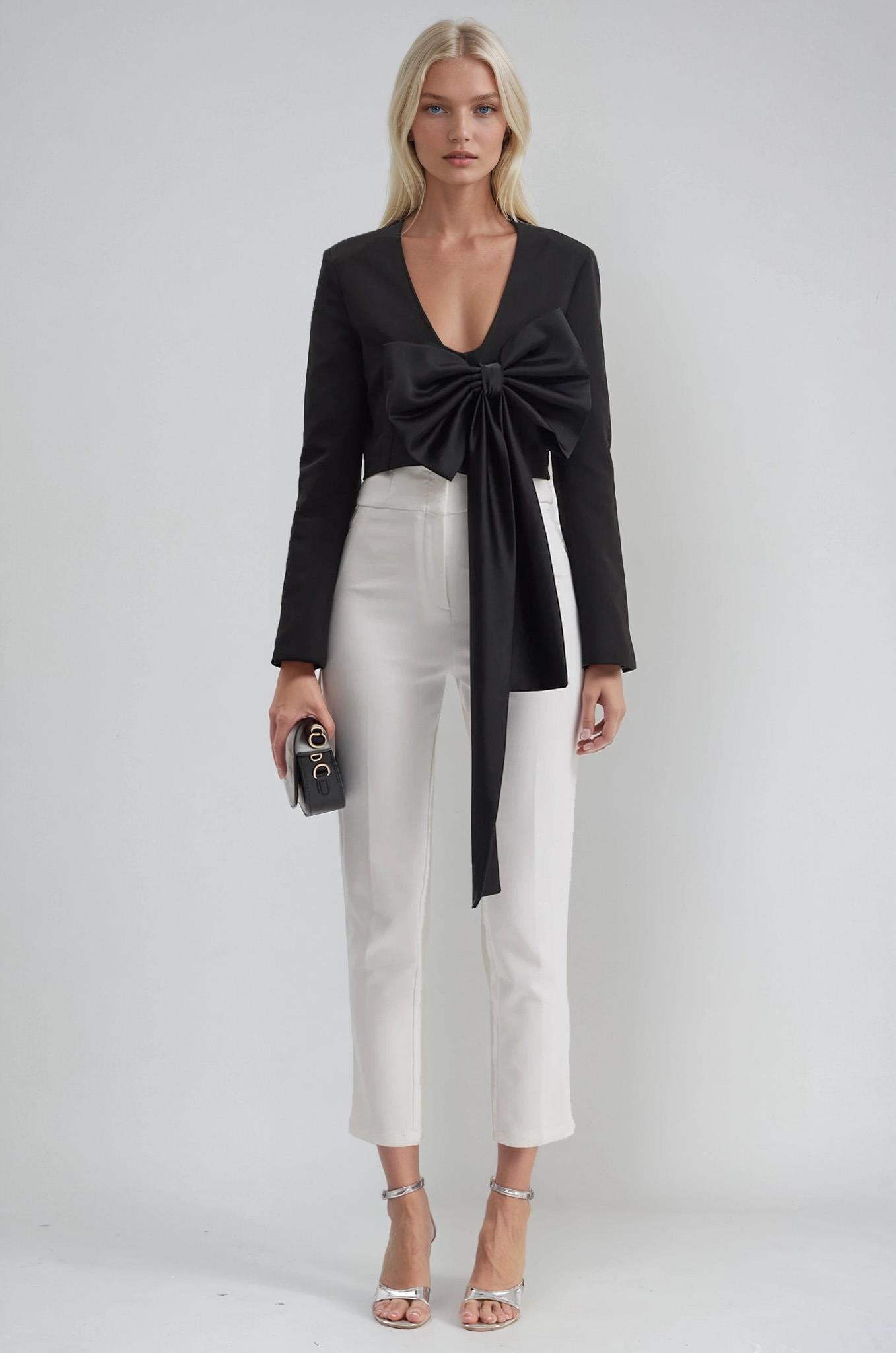 Büyük Fiyonk Detaylı Derin V Yaka Crop Blazer Ceket 6188