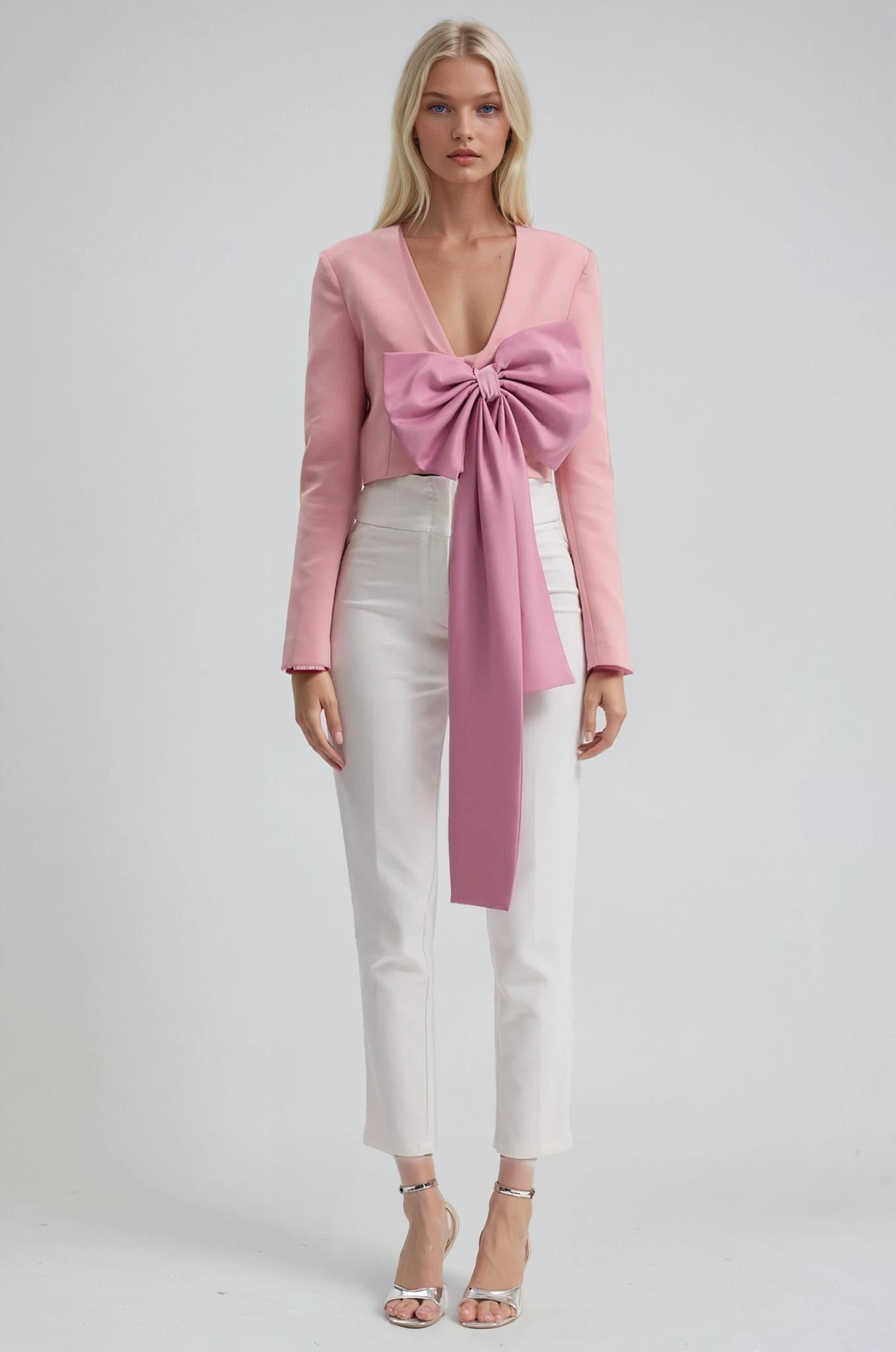 Büyük Fiyonk Detaylı Derin V Yaka Crop Blazer Ceket 6188