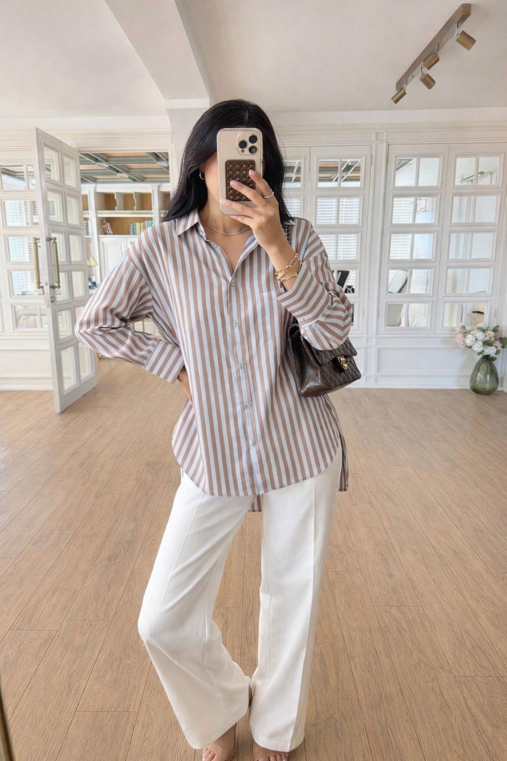Çizgili Oversize Basic Gömlek 3504