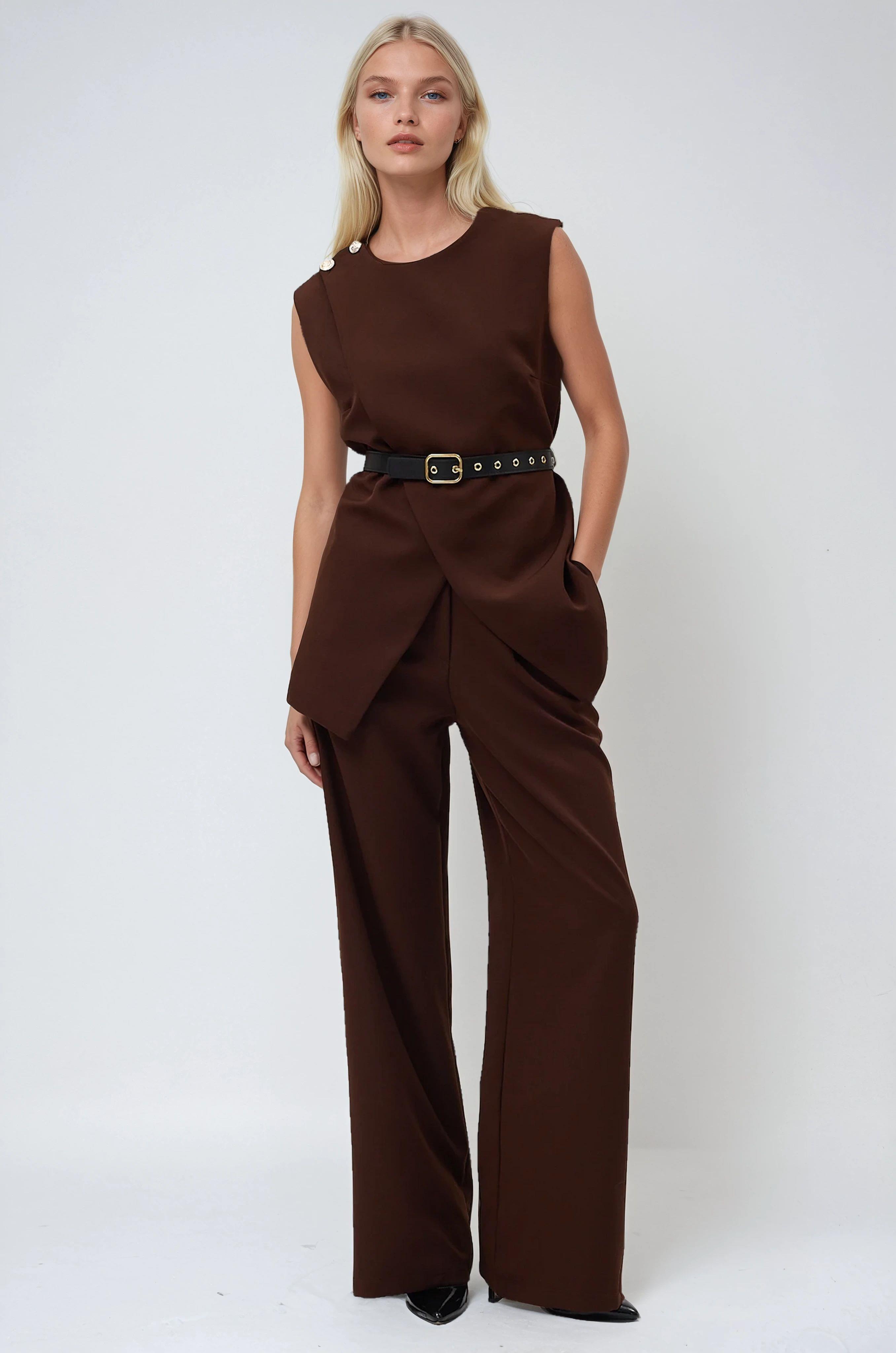 Düğme ve Kemer Detaylı Bluz Pantolon Double Takım 10289