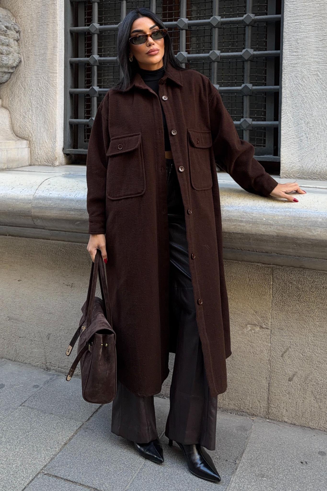 Oversize Cepli Düğmeli Uzun Kaşe Kaban 7131