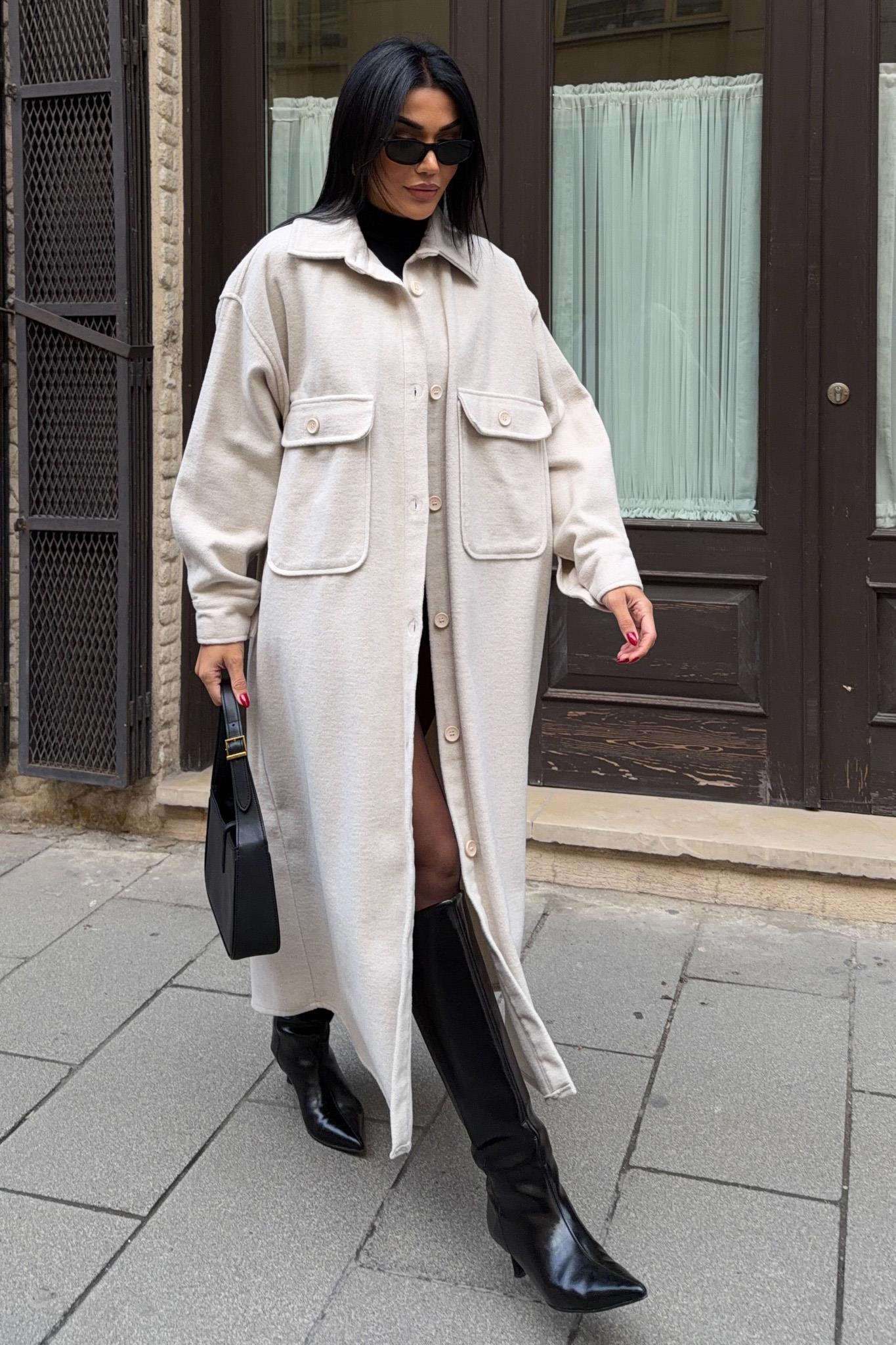 Oversize Cepli Düğmeli Uzun Kaşe Kaban 7131