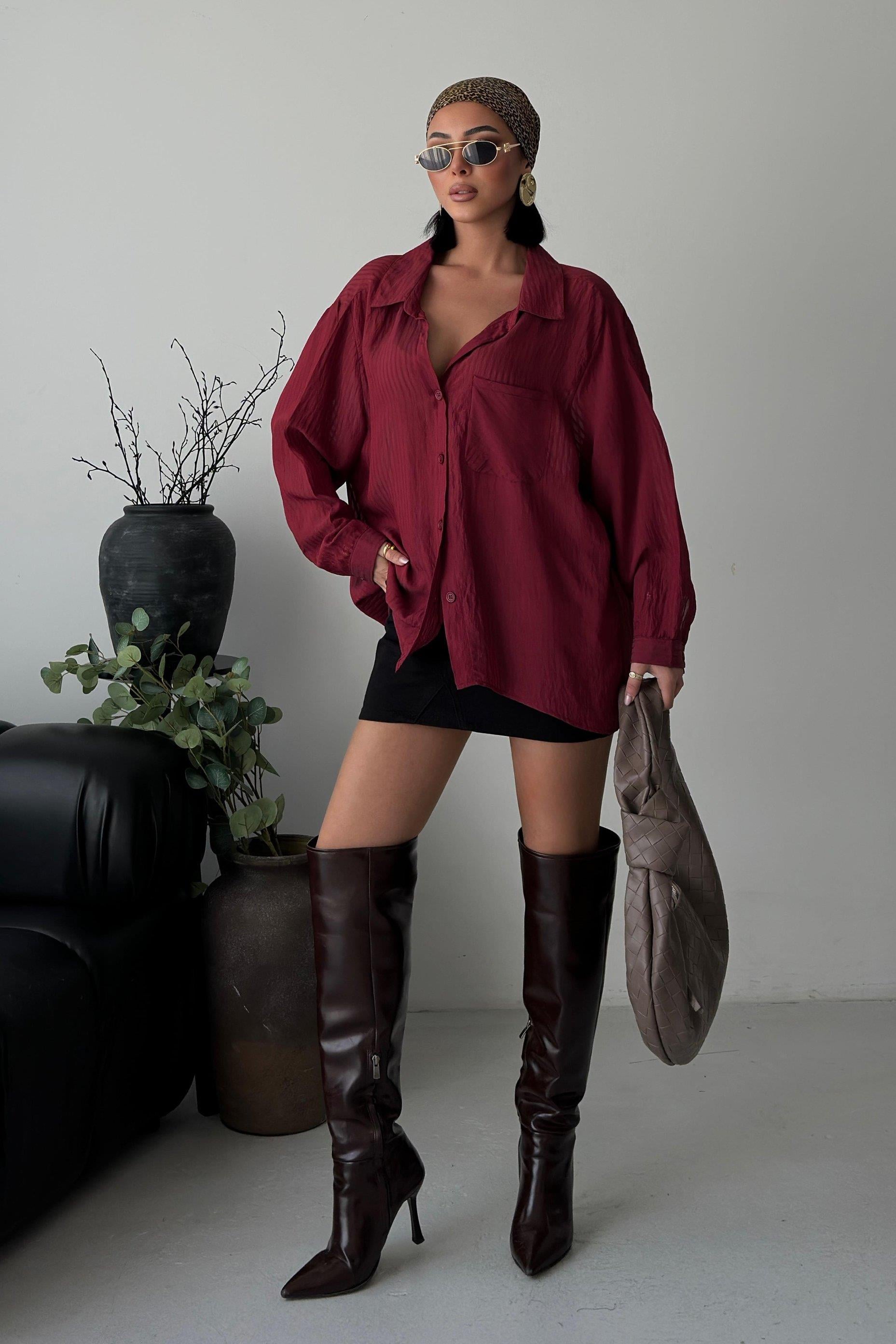 Bordo Çizgili Transparan Oversize Gömlek 3515