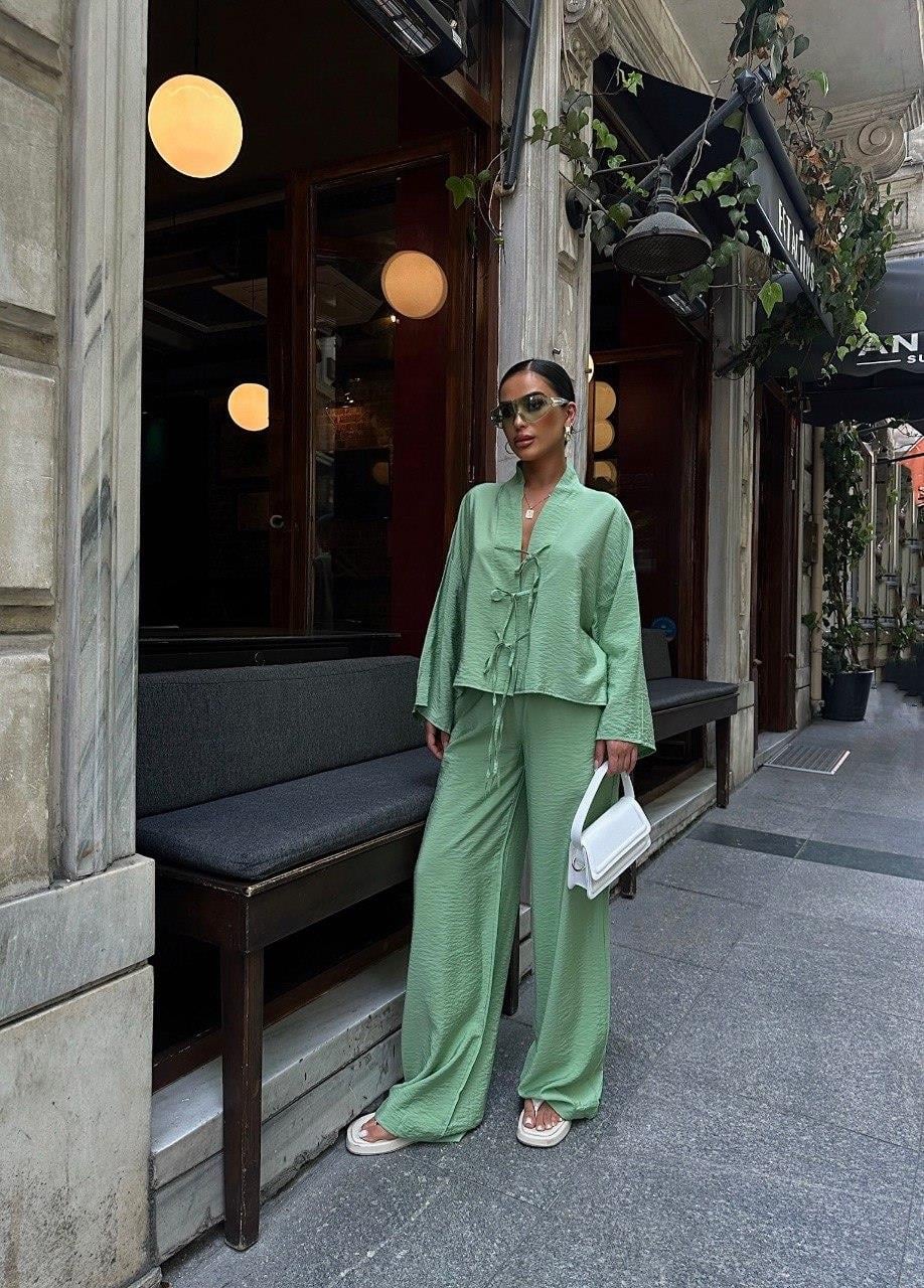 Zr Model Bağlamalı Oversize Premium Keten Takım - Yeşil