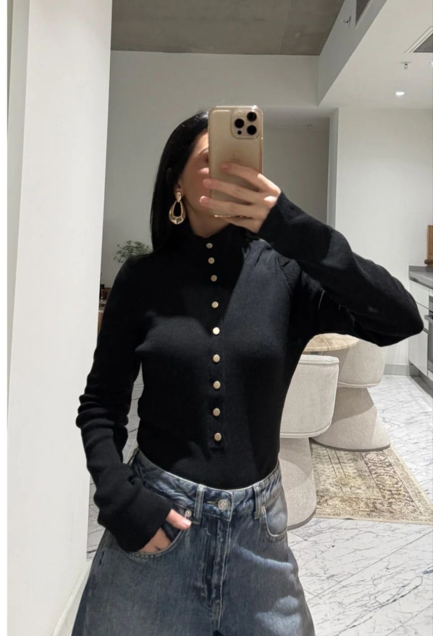 Zr Model Çıtçıt Detay Premium Triko Bluz - Siyah
