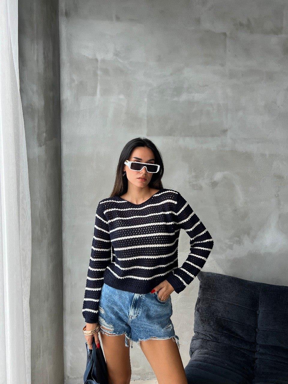 Zr Model Çizgili Örme Triko Bluz - Lacivert