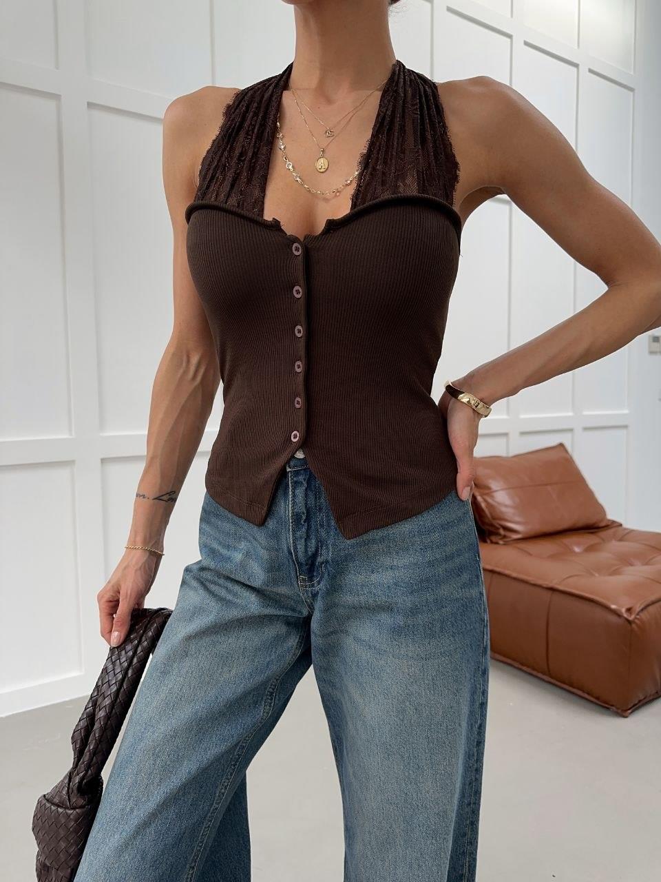 Zr Model Dantel Tasarım Bağlamalı Bluz - Kahve