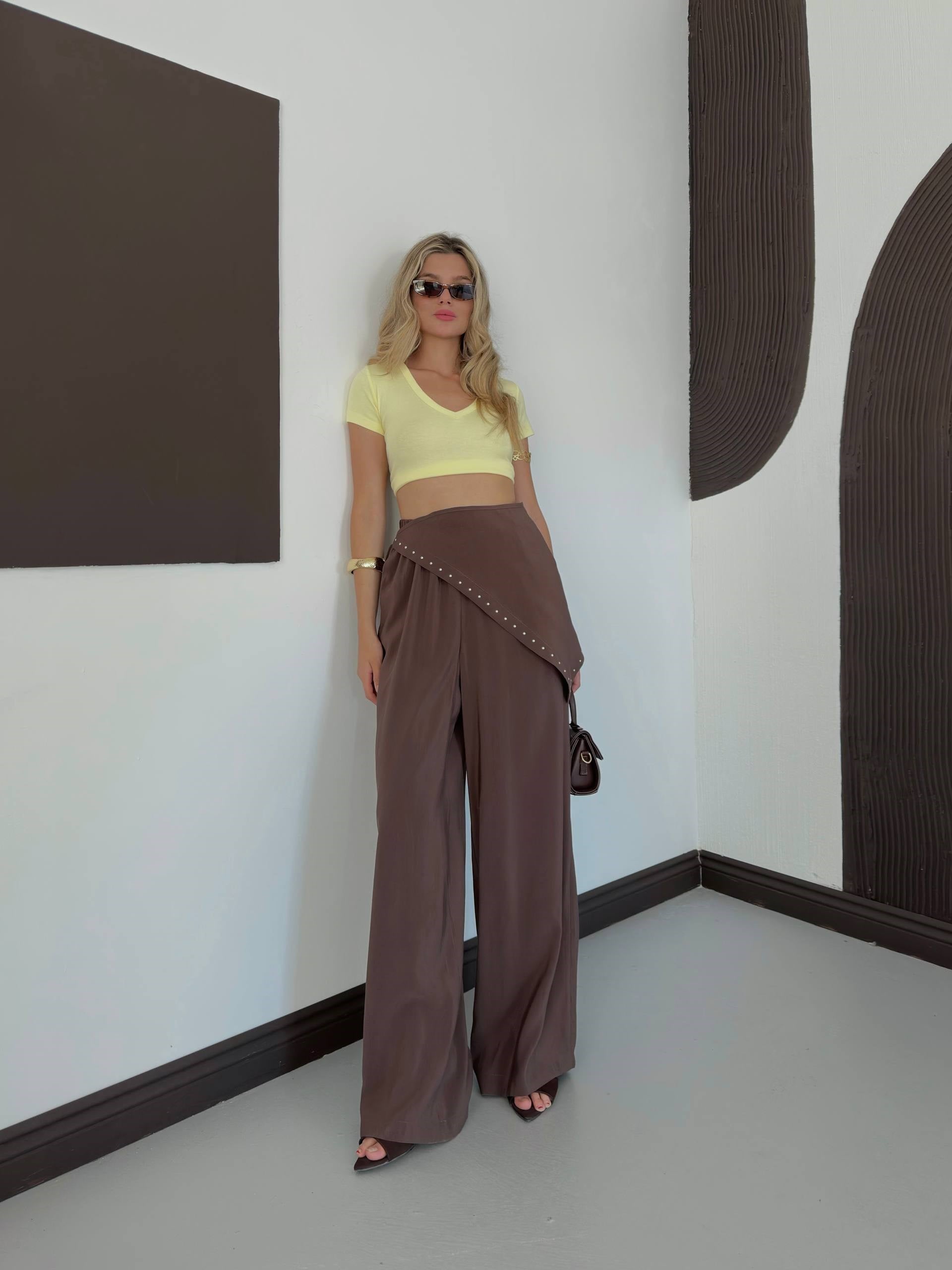 Zr Model Fularlı Taşlı Premium Pantolon - Kahve