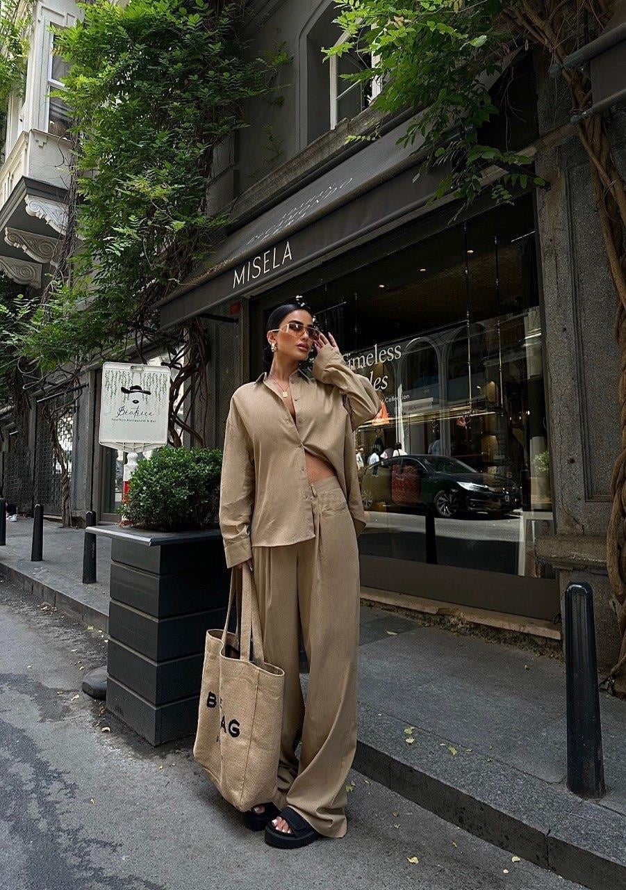 Zr Model Gömlek Pantolon Premium Keten Takım - Bej