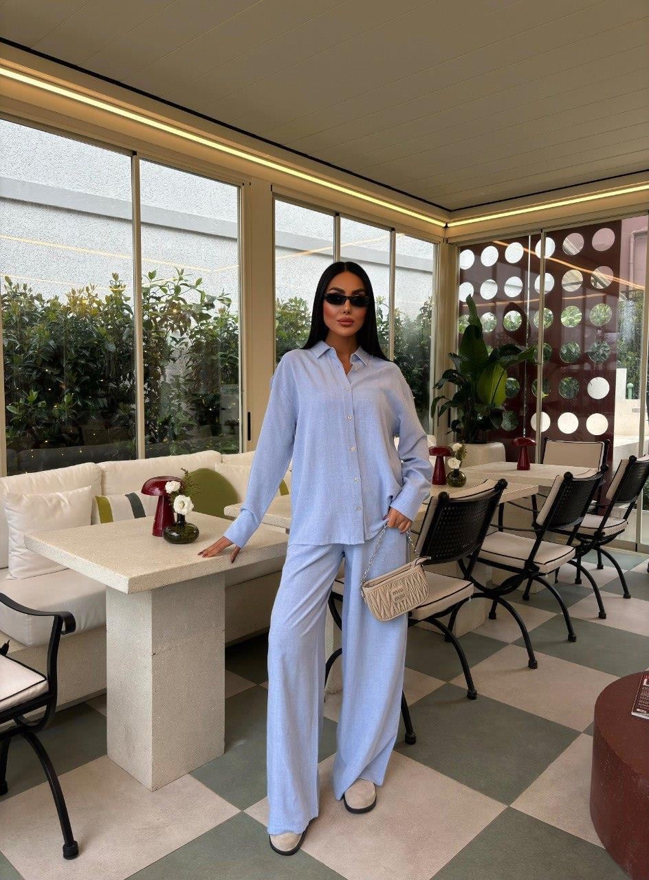 Zr Model Gömlek Pantolon Premium Keten Takım - Mavi