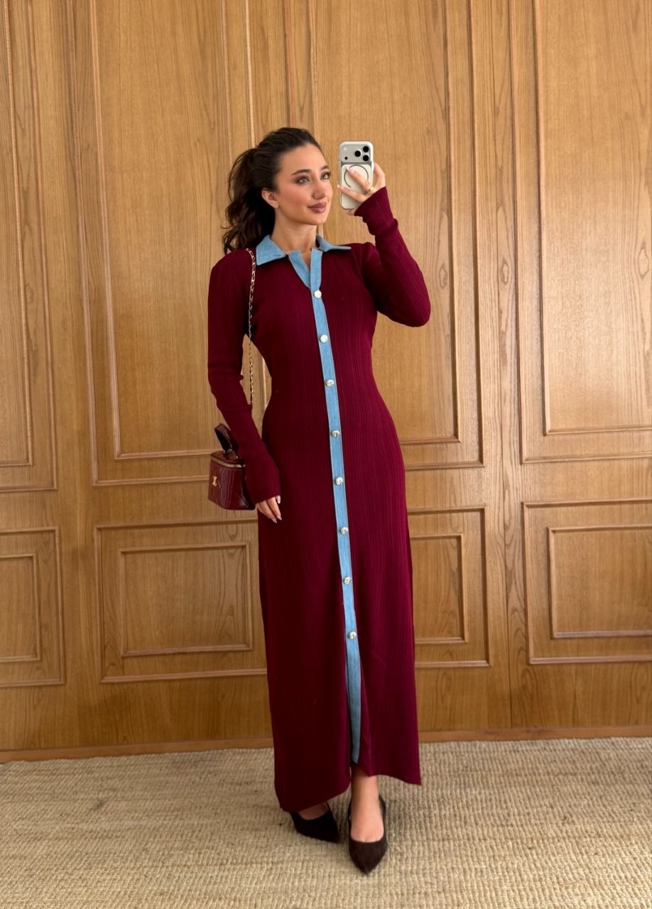 Zr Model Kot Garnili Premium Triko Elbise - Bordo