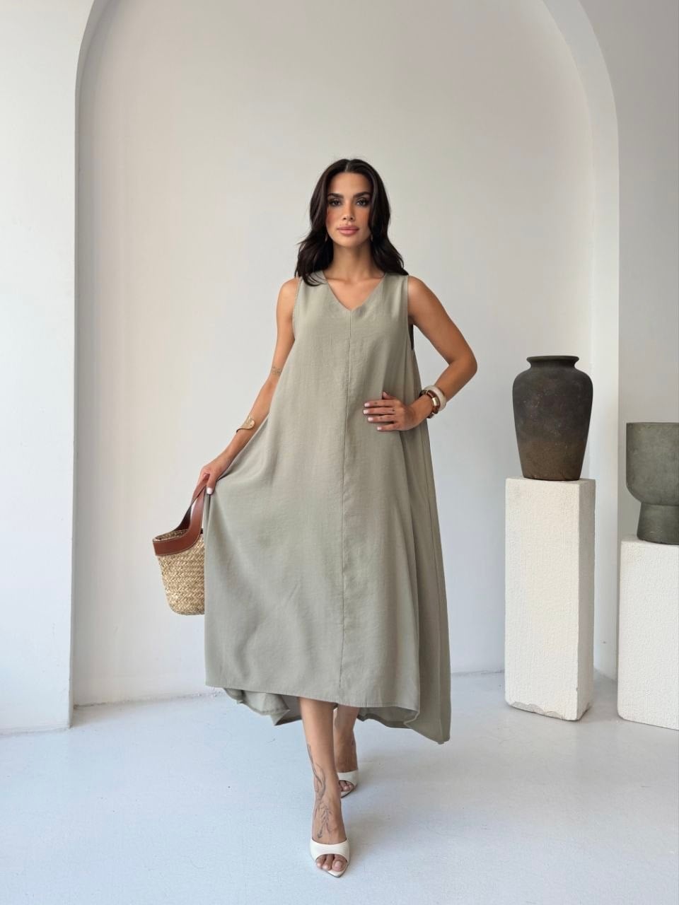 Zr Model Tensel V Yaka Premium Elbise  - Yeşil