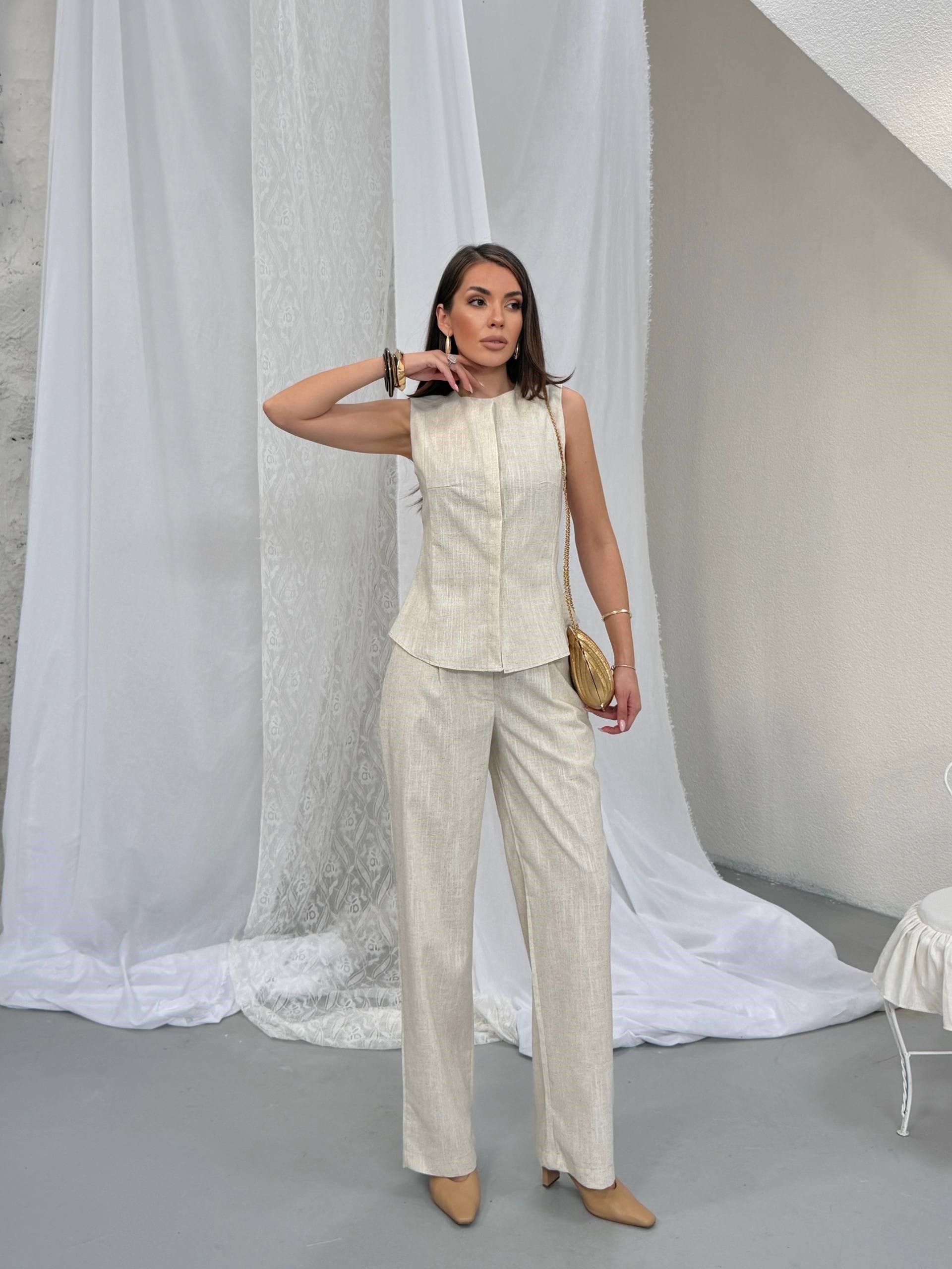 Zr Model Yelek Pantolon Premium Keten Takım - Ekru