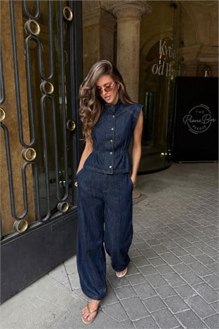 Dik Yaka Denim Yelek ve Bol Paça Pantolon İkili Takım 10363