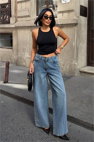 Geniş Paça Taş Detaylı Jean 0150