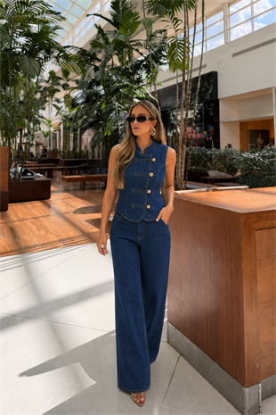 Hakim Yaka Gold Düğmeli Denim Yelek ve Bol Paça Pantolon Takım 10362