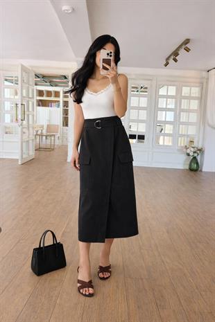 Kendinden Kemerli Önü Yırtmaçlı Gabardin Etek 4092