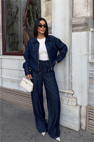 Lacivert Denim Fermuarlı Ceket ve Bol Paça Pantolon İkili Takım 10373