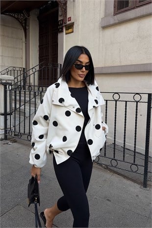 Puantiyeli Dik Yaka Oversize Kısa Ceket 6202