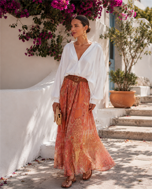 Turuncu Şal Desenli Beli Lastikli Katlı Tül Uzun Maxi Etek 4095