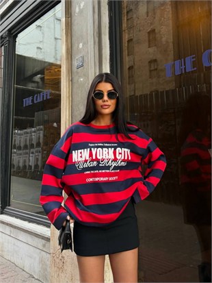 Çizgili Yazı Detay Premium Sweat - Kırmızı