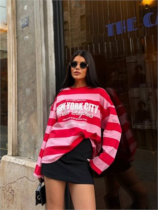 Çizgili Yazı Detay Premium Sweat - Pembe