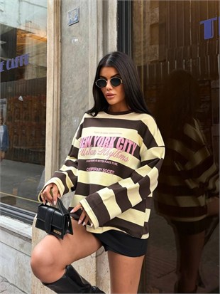 Çizgili Yazı Detay Premium Sweat - Sarı