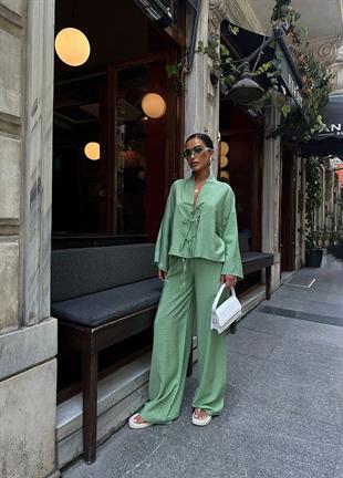 Zr Model Bağlamalı Oversize Premium Keten Takım - Yeşil