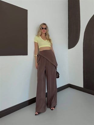 Zr Model Fularlı Taşlı Premium Pantolon - Kahve