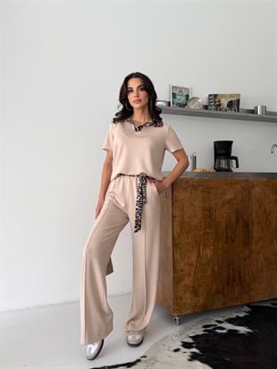 Zr Model Leopar Detay Premium Modal Takım - Bej