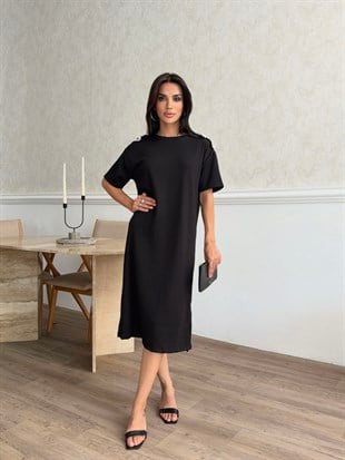 Zr Model Omuzlar Taş Detay Premium Elbise - Siyah