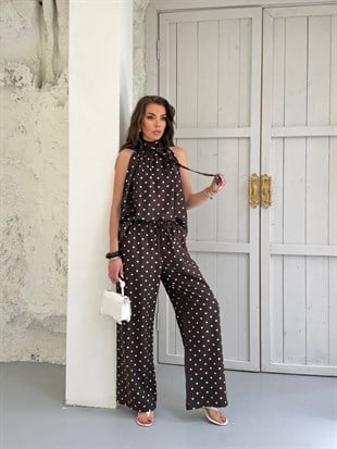Zr Model Puantiyeli Halter Yaka Premium İkili Takım - Kahve