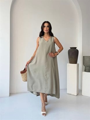 Zr Model Tensel V Yaka Premium Elbise  - Yeşil