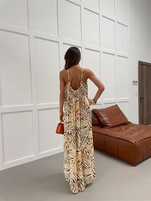 Zr Model Yaka Büzgülü Desenli Salaş Premium Elbise - Sarı