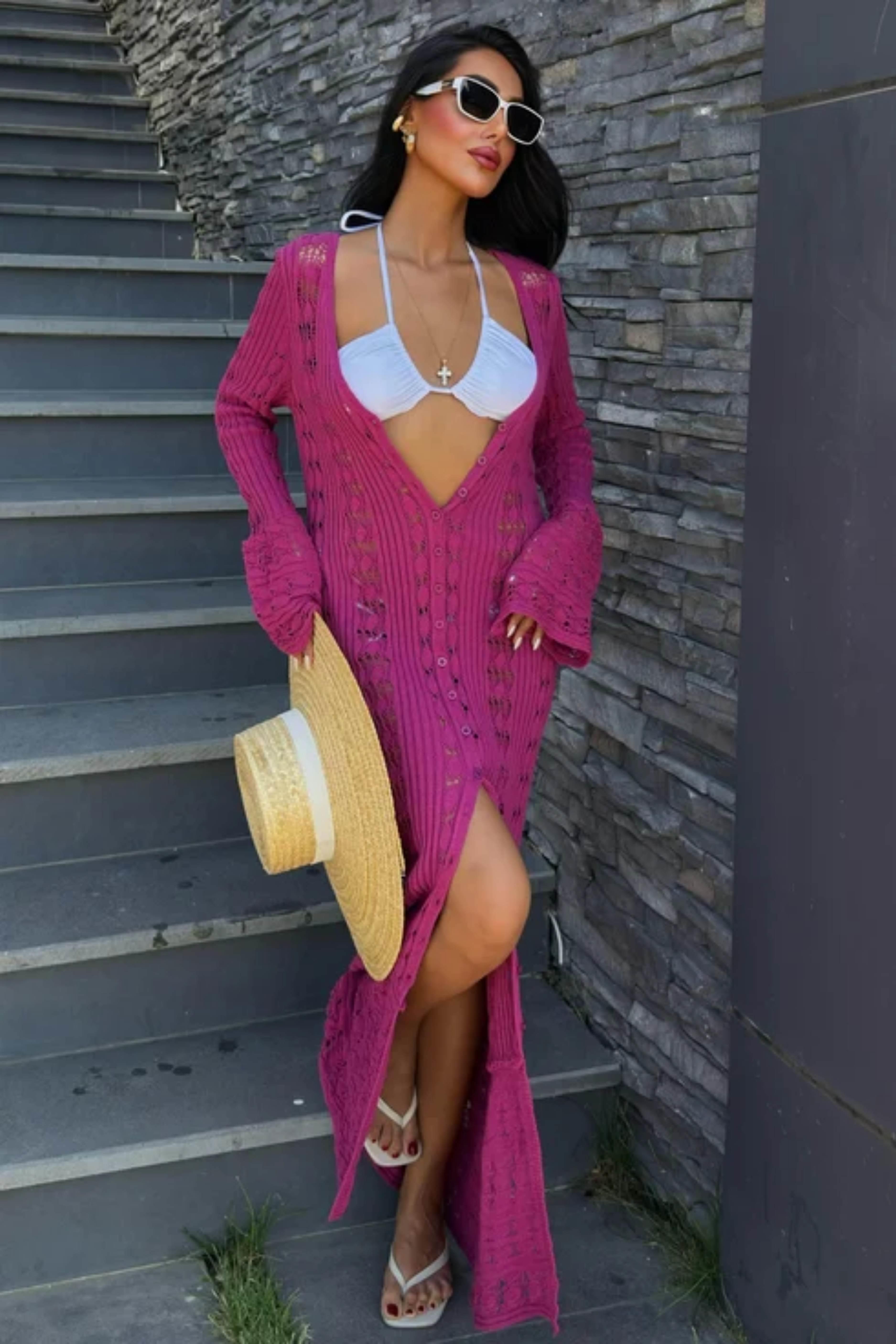 Ajur Uzun Düğmeli Triko Hırka 5181 R2-C-K5