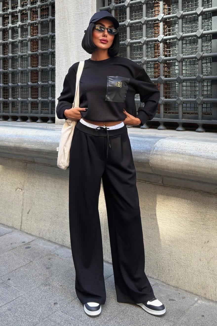 Aksesuarlı Deri Detaylı Şerit Pantolonlu Modal Takım 10241 R4-A-K1