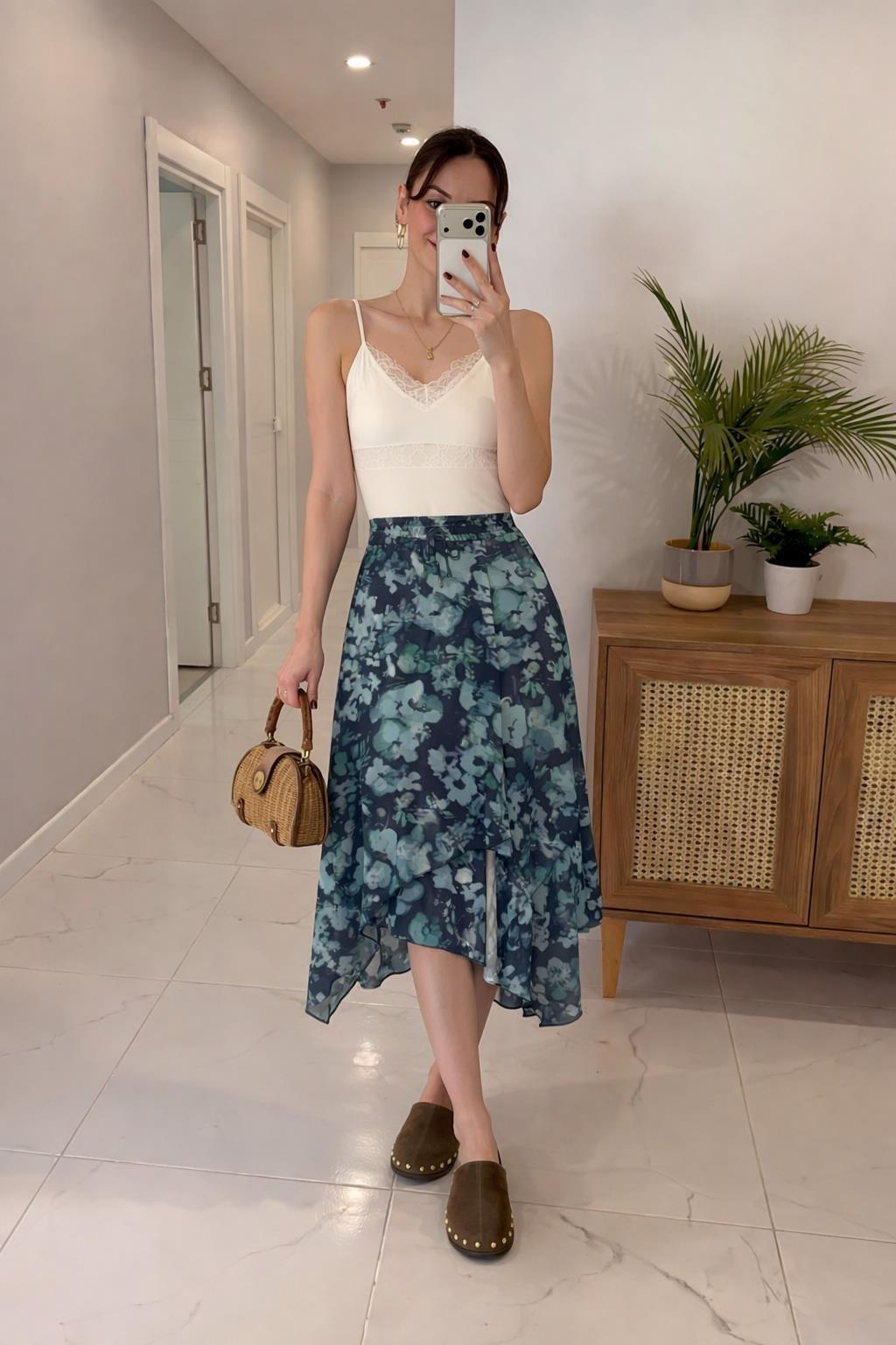 Asimetrik Kesim Floral Etek   4093