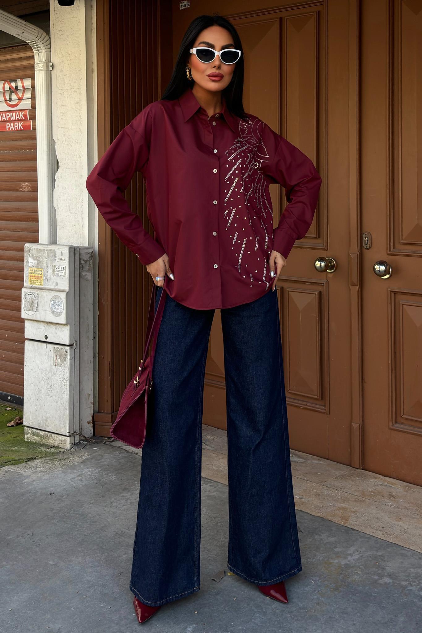 Ay Figürlü Taş İşlemeli Poplin Gömlek 3440 R10-B-K3