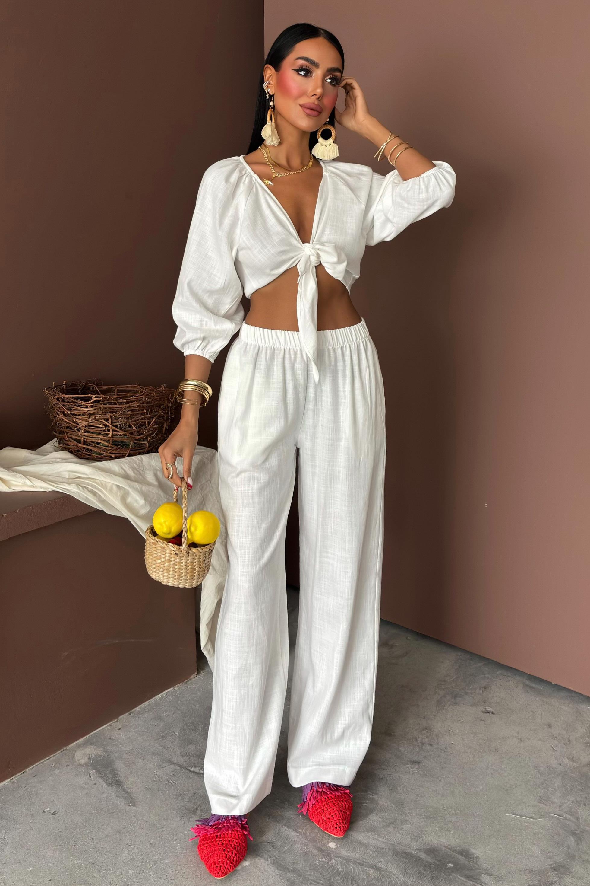 Balon Kollu ve Bağlama Detaylı Keten Takım 10182