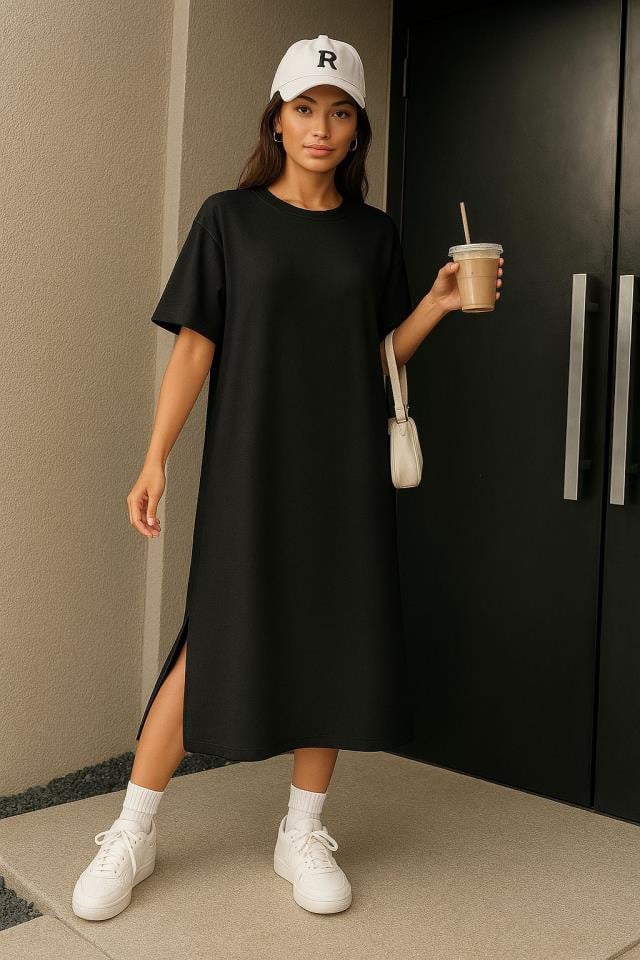 Bisiklet Yaka Yurtmaçlı Süprem Kumaş Elbise