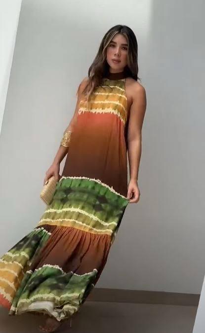 Boyundan Bağlamalı Micro Kumaş Digital Baskı Elbise