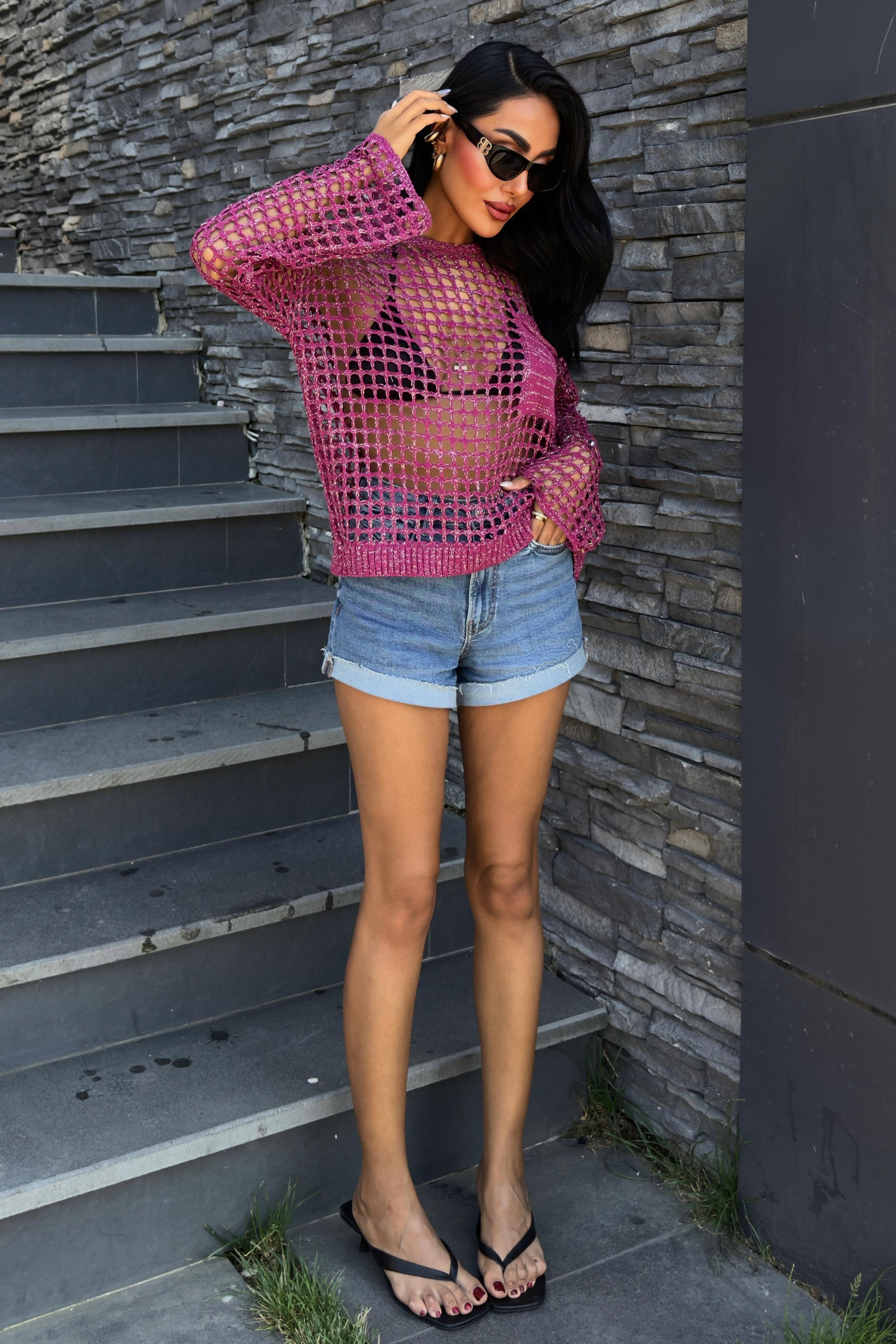 Cep Detay Simli Ajurlu Triko Bluz 1361 R3-I-K2