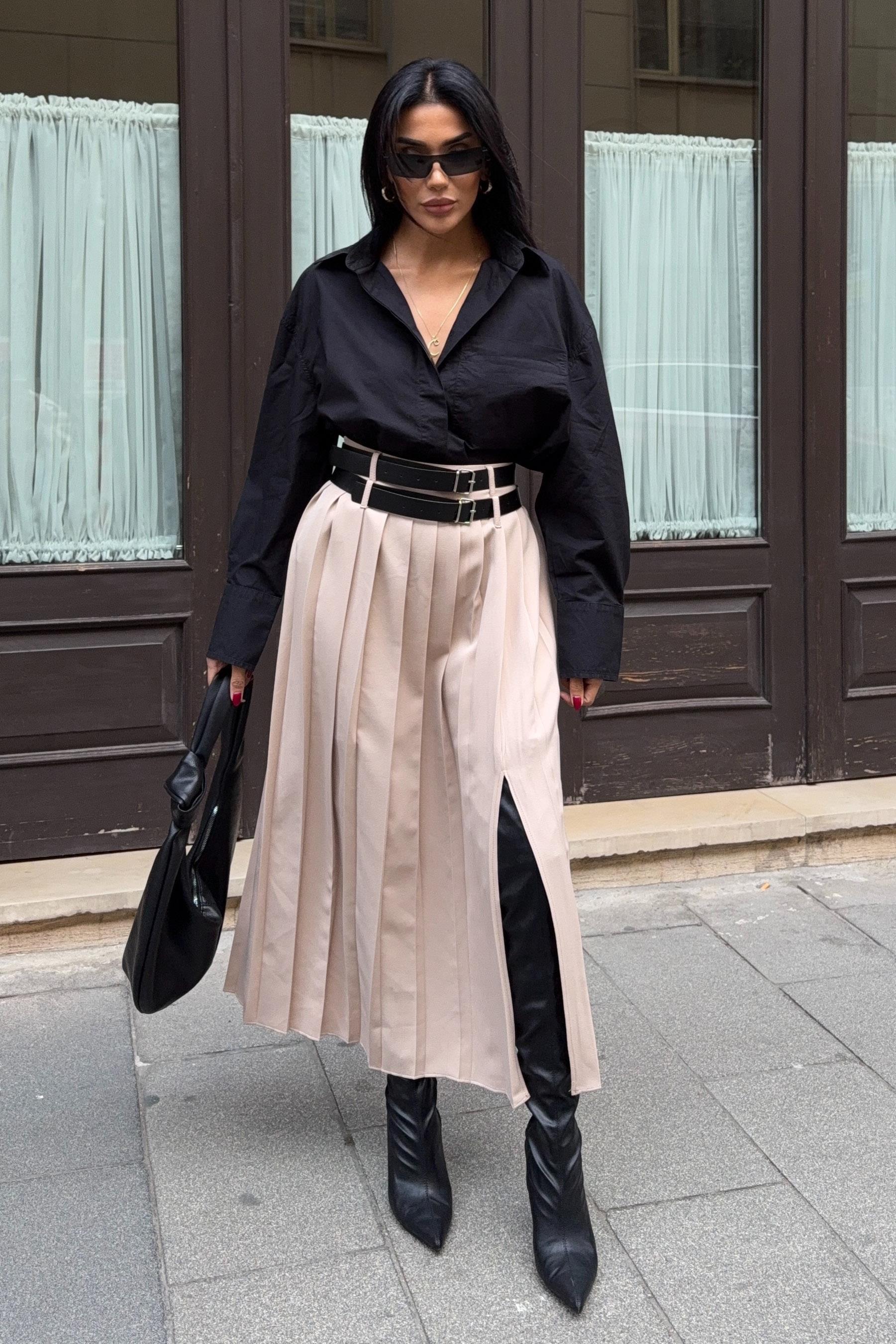 Çift Kemer Detaylı ve Yırtmaçlı Pileli Etek 4055