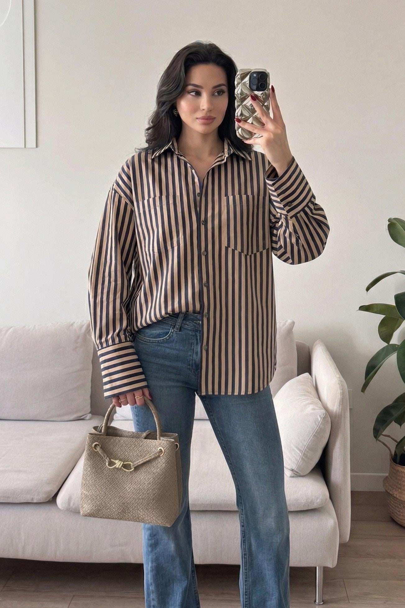 Çizgili Oversize Basic Gömlek 3504