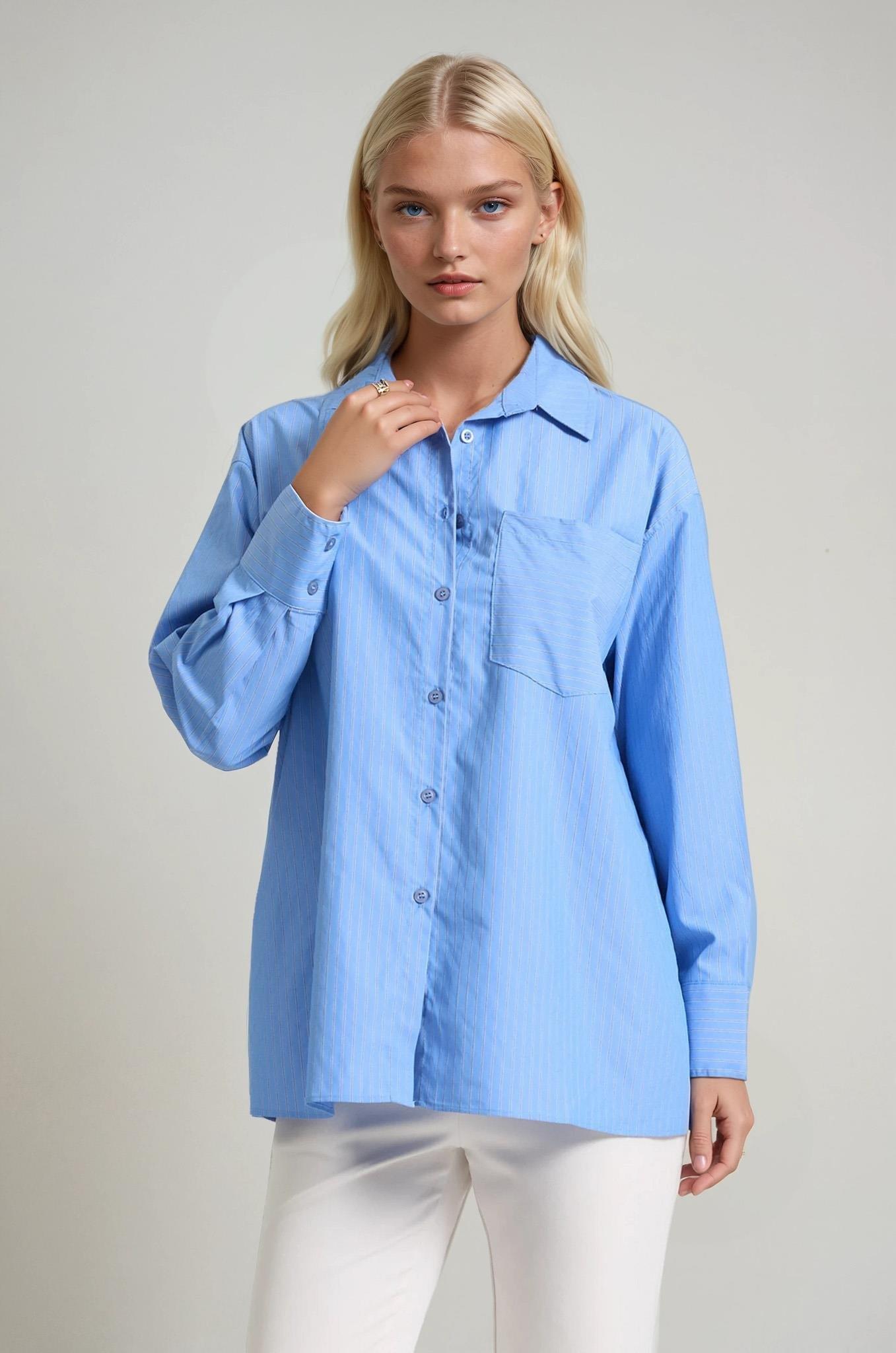 Çizgili Oversize Cep Detaylı Gömlek 3495