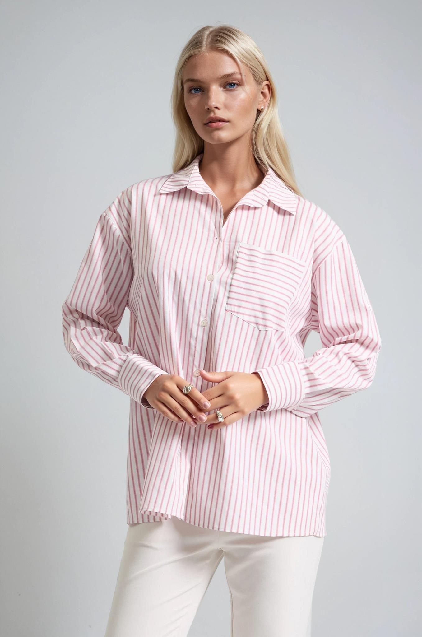 Çizgili Oversize Cep Detaylı Gömlek 3495