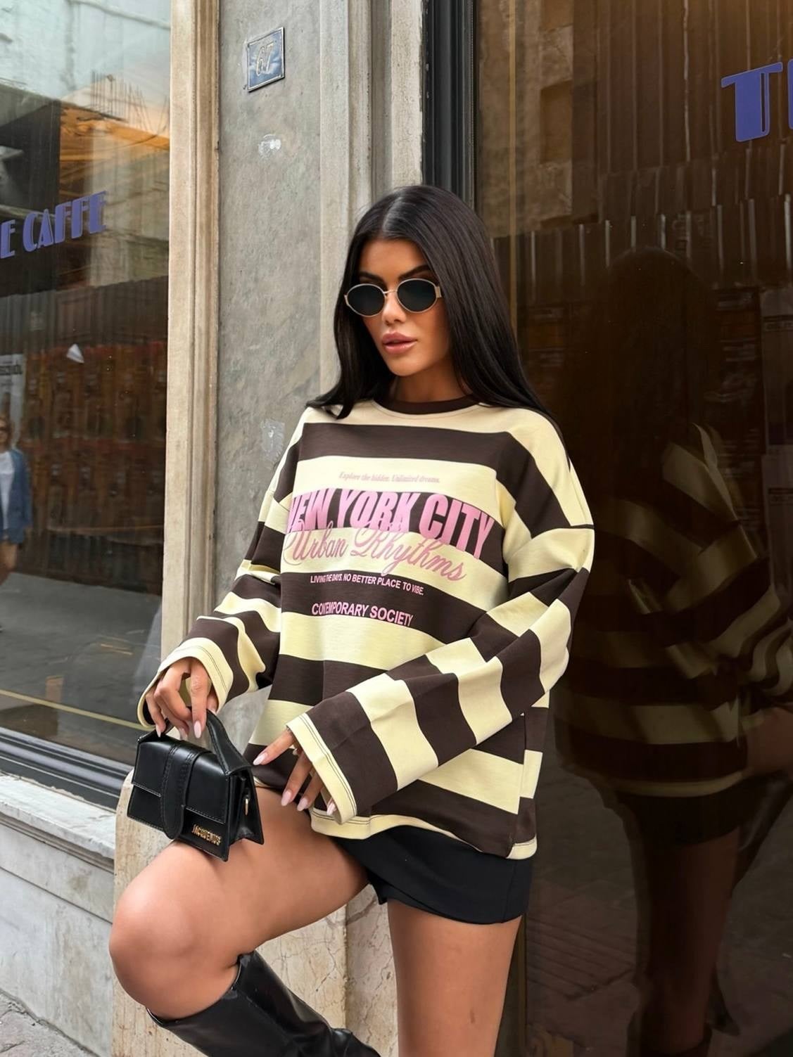Çizgili Yazı Detay Premium Sweat - Sarı