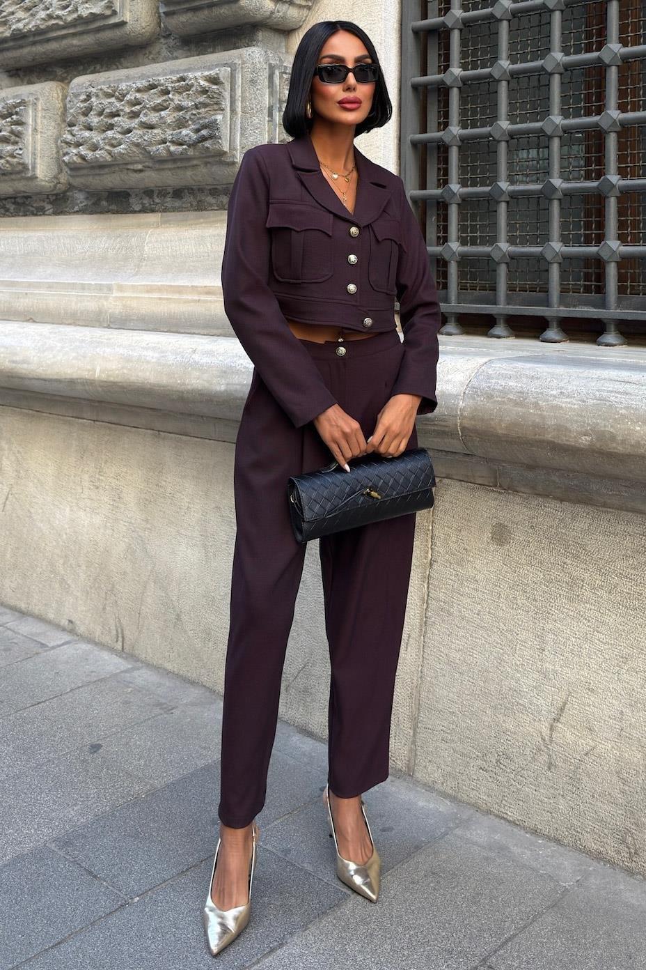 Crop Ceket ve Vintage Düğmeli Premium Takım 10239