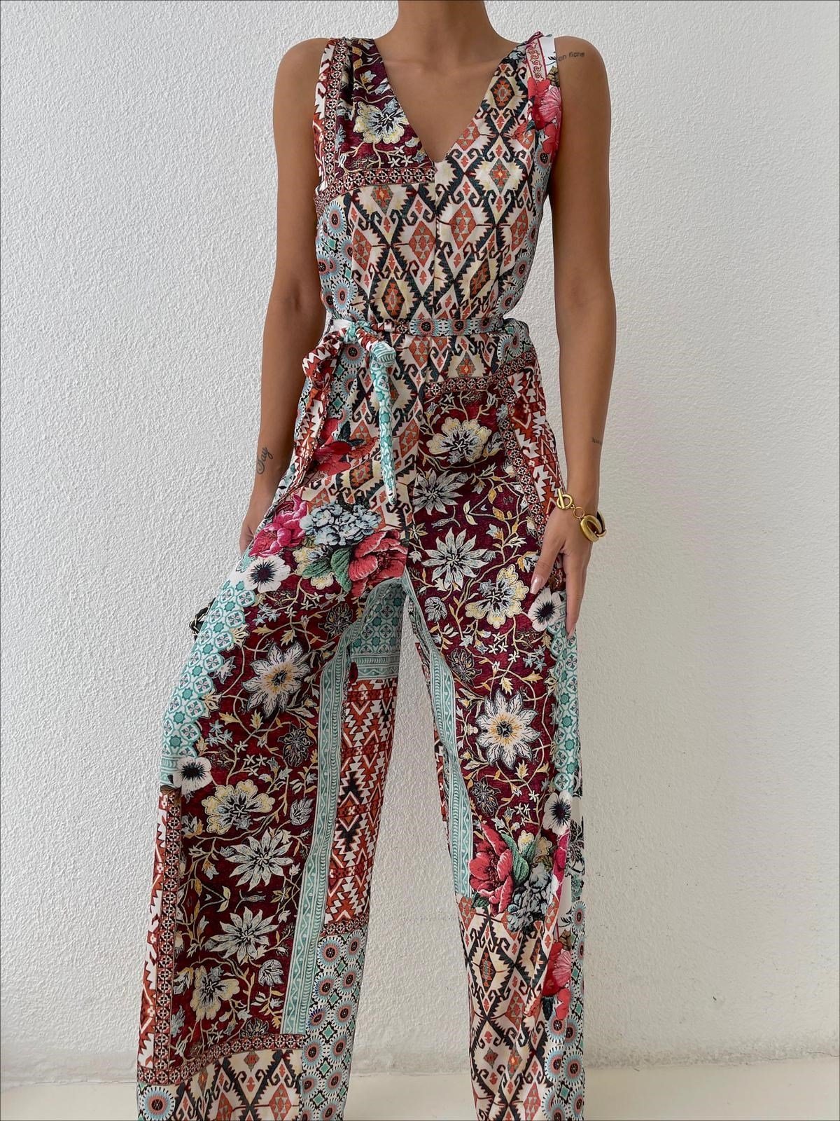 Desenli kuşaklı tulum - MULTİ