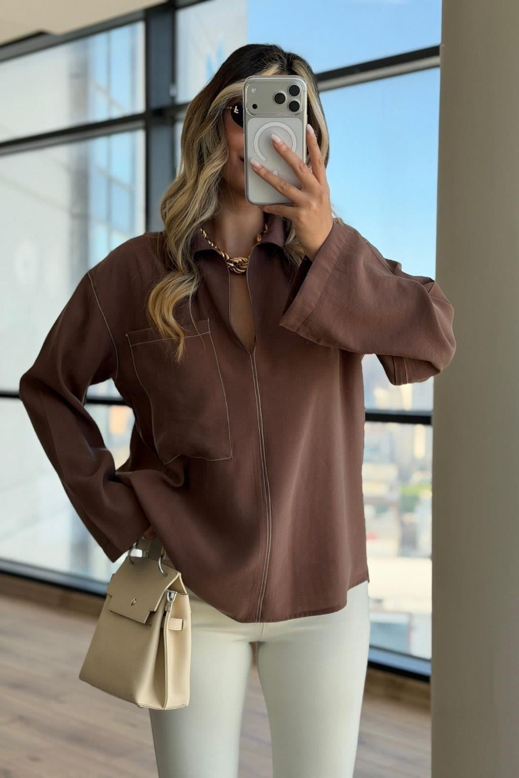 Dikiş Detaylı Gömlek Yaka Modal Bluz 3511